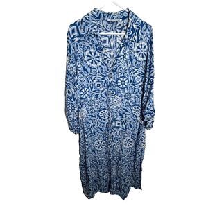 Zara Dress Women's XL Blue Collared Button Up Midi Printed Summer Collared